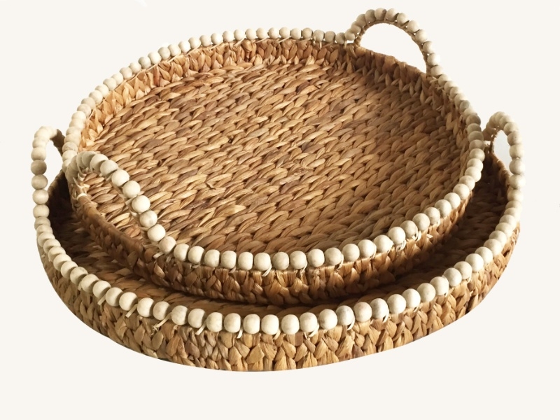 Superior Water Hyacinth Serving Tray Set with Wooden Beads - Natural Handcrafted Home Decor